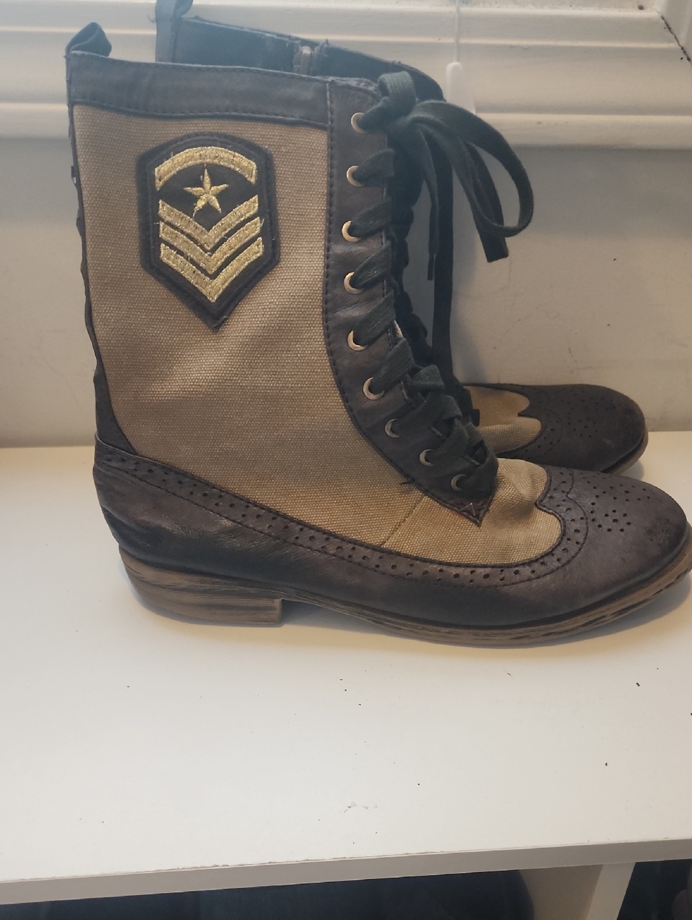 Canvas & Leather Lace-Up Military-Inspired Boots in Olive and Brown